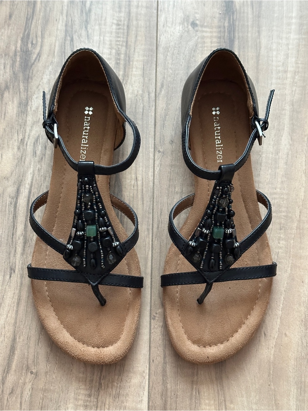 Naturalizer Black Beaded T-Strap Sandals
